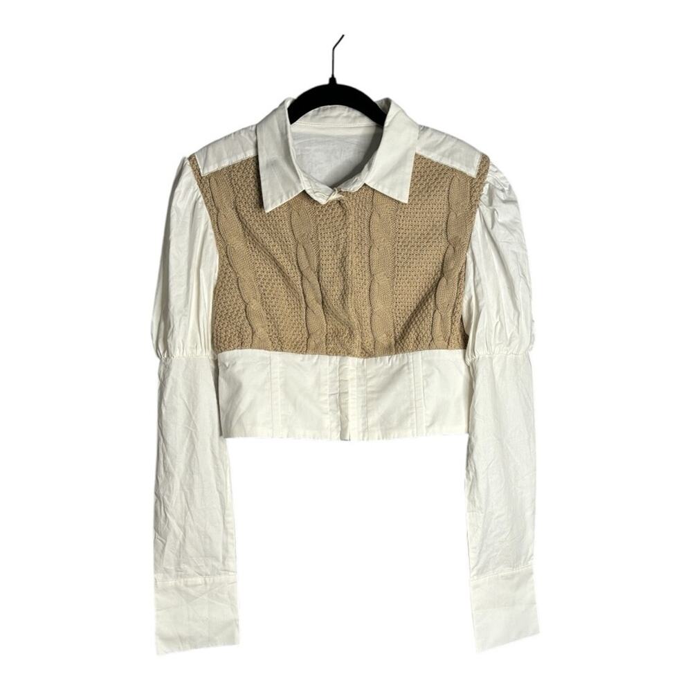 Gawqo White Long Sleeve Snap Front Blouse With Faux Camel Sweater XL